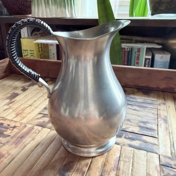 Vintage Meeuws & Zoon Pewter Pitcher – The Hague, Holland – Woven Rattan Handle