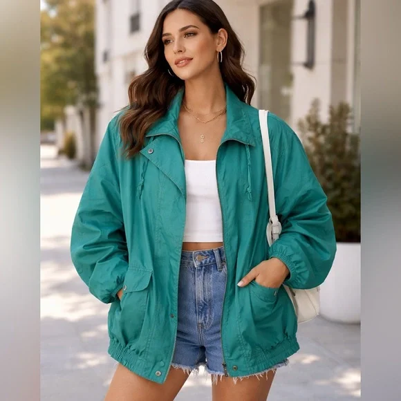Vintage Fleet Street Teal Oversized Windbreaker Jacket Retro 90s Chic Size 10
