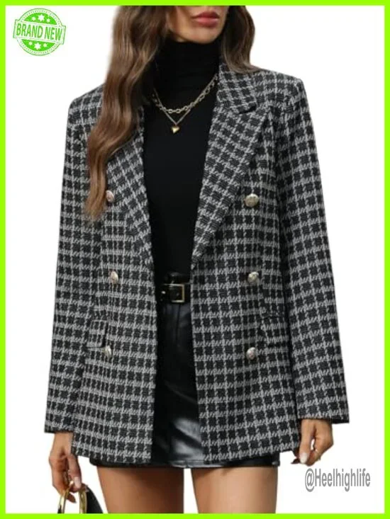 Oversized Plaid Tweed Blazers Double Breasted Boyfriend Style Blazer Jacket