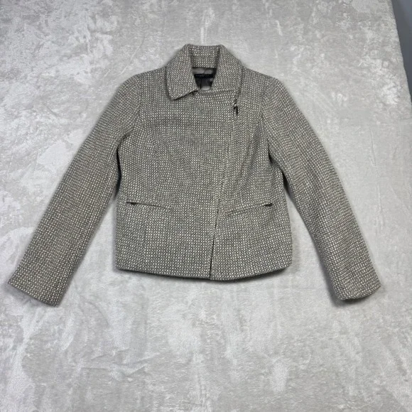 Talbots Petites 4P Gray Tweed Wool Blend Jacket‎ Career Moto Zip Front Metallic