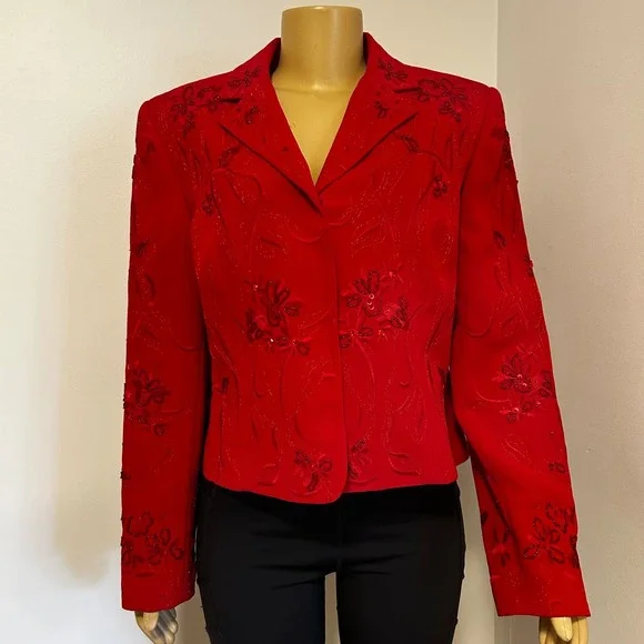 John Meyer of Norwich Red Embroidered Beaded Blazer Jacket Womens 14 NWT 792037A