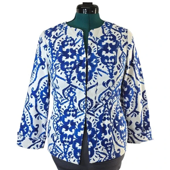 Chicos Women's Blazer Size 0 Blue White Floral‎ Jacquard 3/4 Sleeve Career