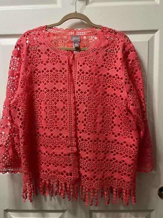 Chico's Coral Crochet Fringe Openwork Jacket. Chico’s Size‎ 4. XXL. Resortwear