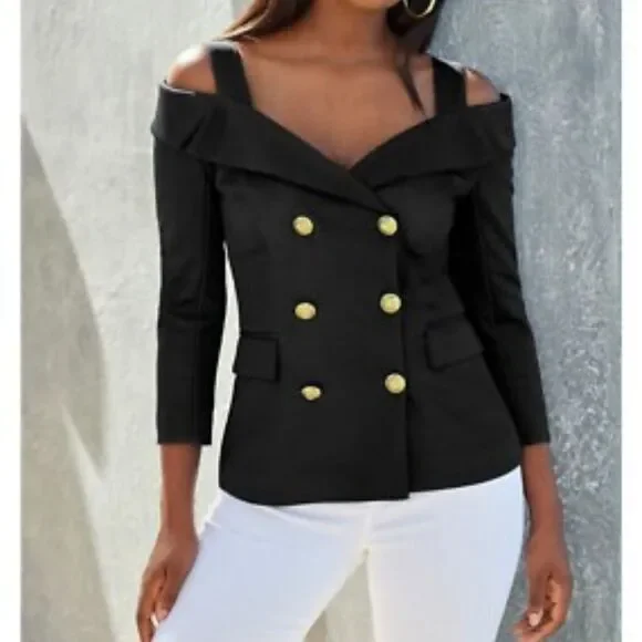 Alexia Admor Black Off-Shoulder Blazer with Gold Buttons