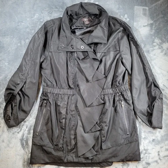 Anthropologie Luii Ruffle Jacket Sz XL Black‎ Elastic Waist  Hooded