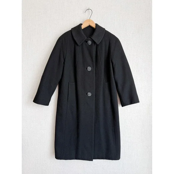 Vintage Thalhimers Black Wool Overcoat Peter Pan Collar Swirl Button Coat Womens