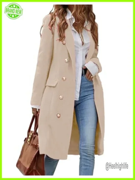 Long Wool Blend Pea Coat Trench Jacket Double Breasted Knee Length Notch Lapel