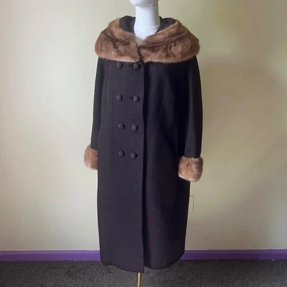 Vintage 1960s‎ Brown Wool Coat Mink Fur Collar & Cuffs L XL Double Breasted