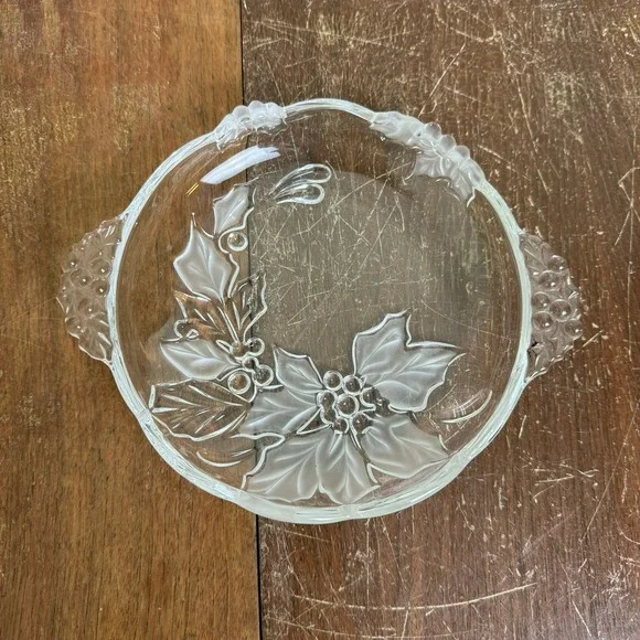 Vintage Frosted Glass Poinsettia Holly Berry Holiday Relish Dish 7.75 Inch‎