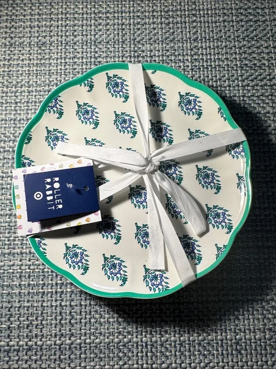 Roller Rabbit White Plate with Teal Rim and Blue Floral Motif limited edition 4