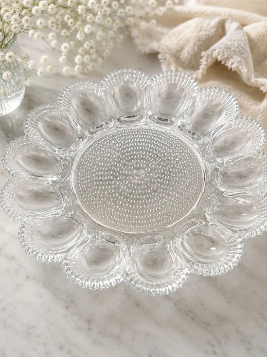 Vintage Indiana Glass Hobnail Deviled Egg Plate Clear Glass 12 Slot Serving Tray