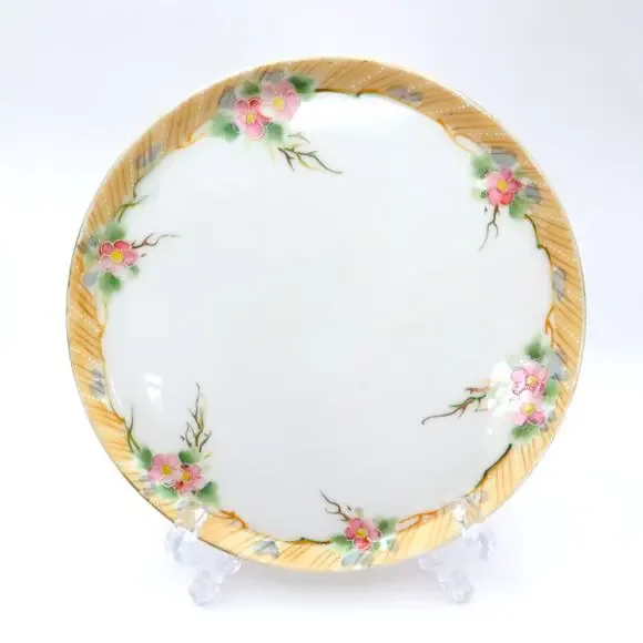 Antique Nippon Hand Painted Porcelain Plate Pink Floral Raised Enamel 1920 Japan
