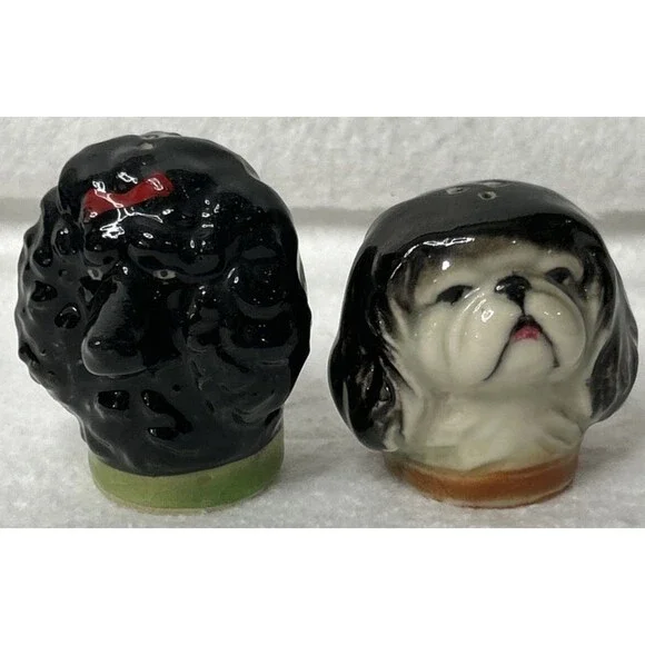 Vintage Japan Salt and Pepper Shakers Dog Heads poodle Llaso Apso Hostess Gift