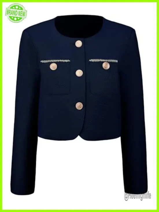 Tweed Cropped Blazer Crewneck Button Down Long Sleeve Work Office Jacket