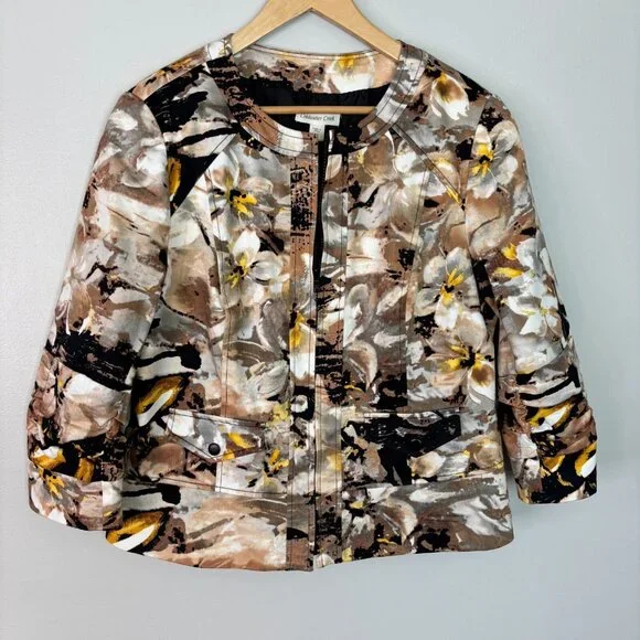 Coldwater Creek Jacket 16 Brown Yellow Floral Full-Zip 3/4 Sleeves Cotton Womens