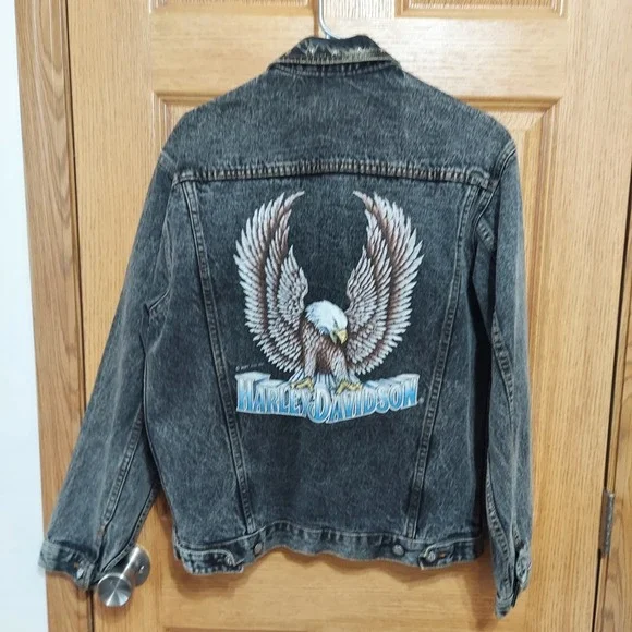 Vintage 80s USA Harley Davidson Eagle Black Denim Biker Jacket Mens Medium‎