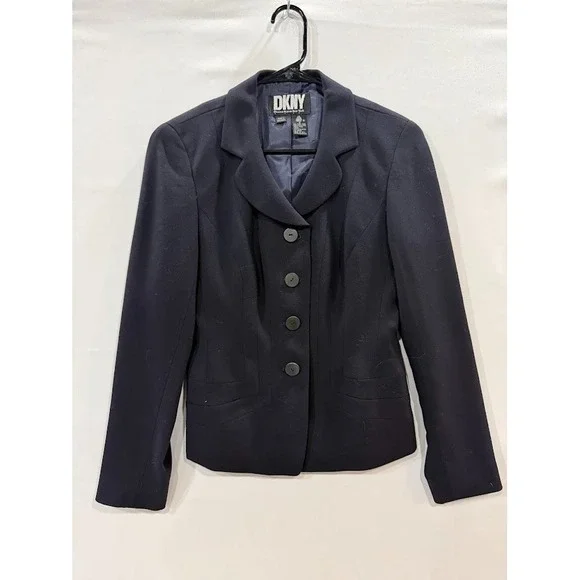 Vtg 1990s DKNY Womens Size 2‎ Navy Blue Stripe Wool Button Blazer