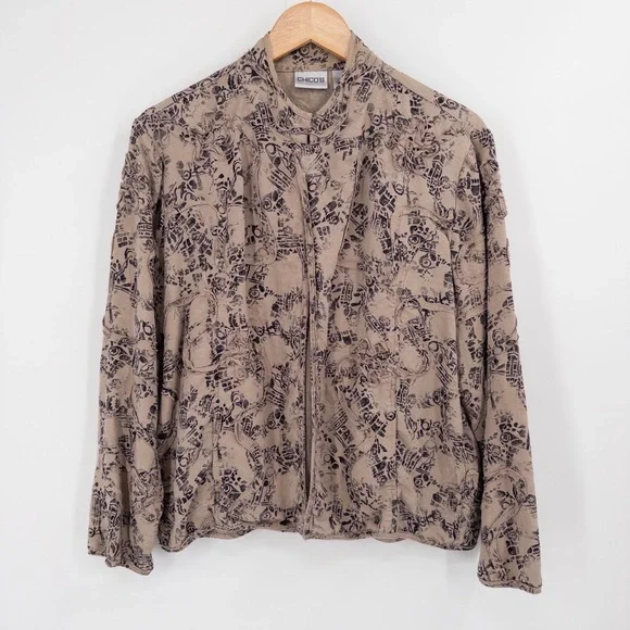 Chico's Silk Linen Textured Jacket L Sz‎ 2 Abstract Boho Artsy Floral Appliqué