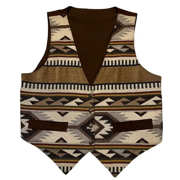 Southwestern Aztec Geometric Pattern Tapestry Vest Brown Button Front Size‎ XL