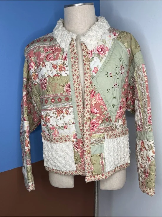 Handmade Repurposed Quilt Jacket‎ Chenille Accents Pink Green Floral Button Up