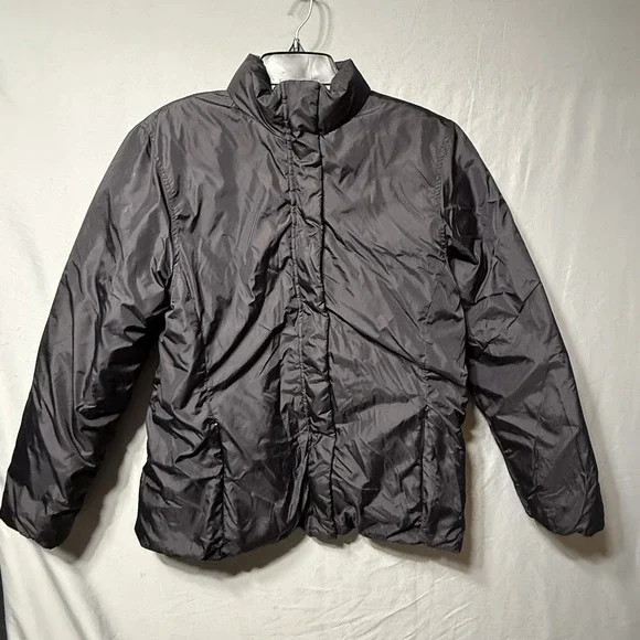 Land's End Down Filled Coat Women Large 14-16 Puffer Reversible Black Warm FLAW*