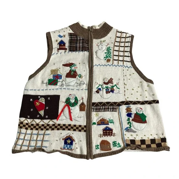 Vintage‎ Designers Originals Studio Joy Sweater Vest Womens L Cream Snowman Zip
