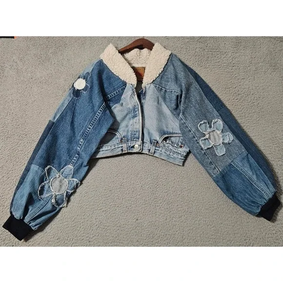 Vintage Spike & Elvis Womens Upcycled Reworked Jeans Jacket Denim Blue Shearling