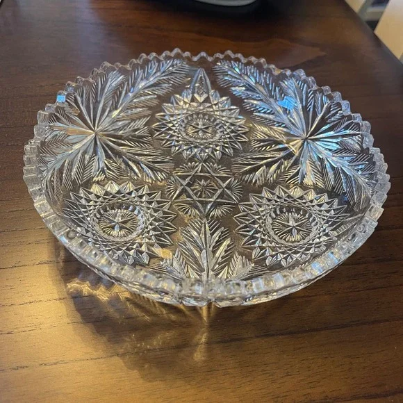 Vintage‎ Cut Crystal Glass Dessert Bowl Compote Dish Starburst Pattern