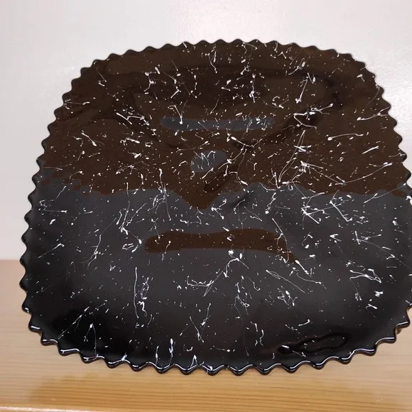 Vintage L E Smith Black Amethyst Glass Square Cake Stand Pedestal‎ White Drizzle