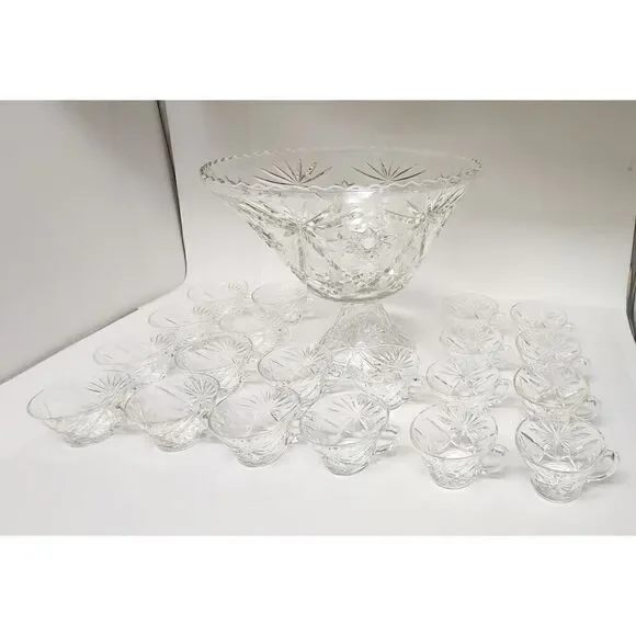 ANCHOR HOCKING Clear Prescut 1960s Star Of David Patterned Punch Bowl Set 22
