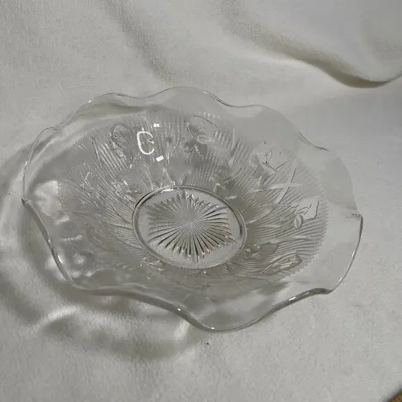 Vintage Depression Glass Jeannette Glass Iris Herringbone Ruffled Bowl 11 1/2