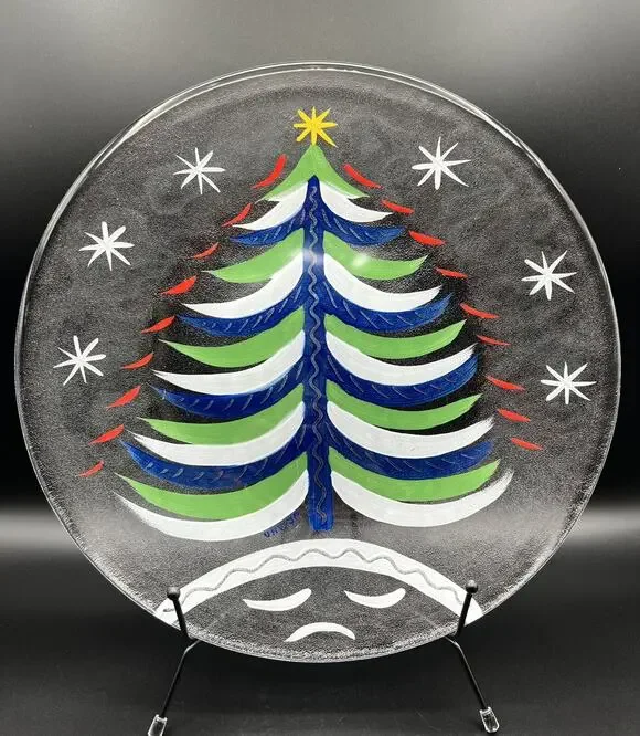 Kosta Boda Hand Painted Christmas Tree Platter 13” Signed Ulrica Hydman-Vallien