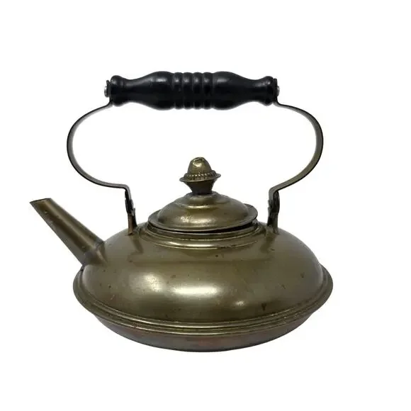 Vintage Brass Tea Kettle Wooden Handle Decorative Tin-Lined Small Teapot