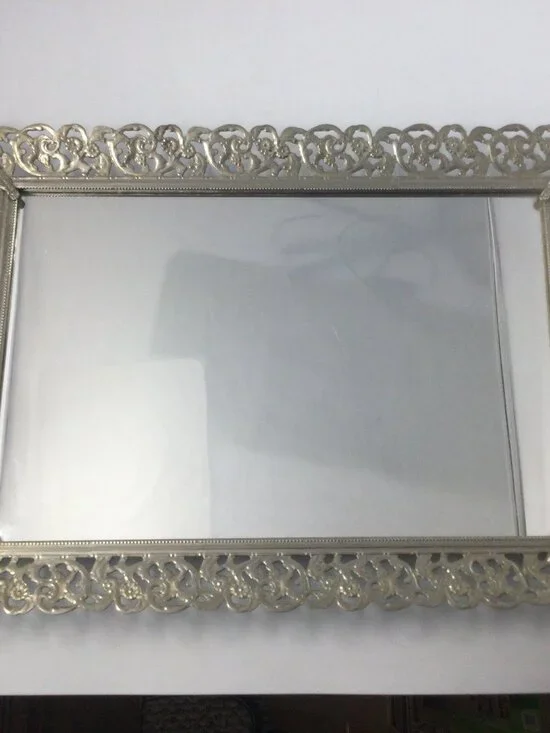VTG Hollywood Regency Mirror Vanity Tray Filigree Ornate 14”X 10” Silver Tone