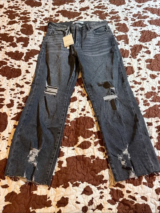 KanCan Washed Black Distressed Straight Leg Jeans