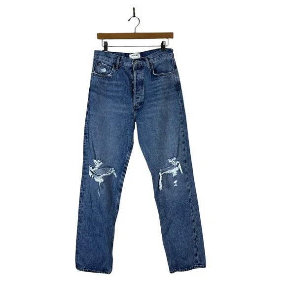 Agolde 90's Pinch Waist Distressed Straight Leg Jeans Blue Grunge Size 28