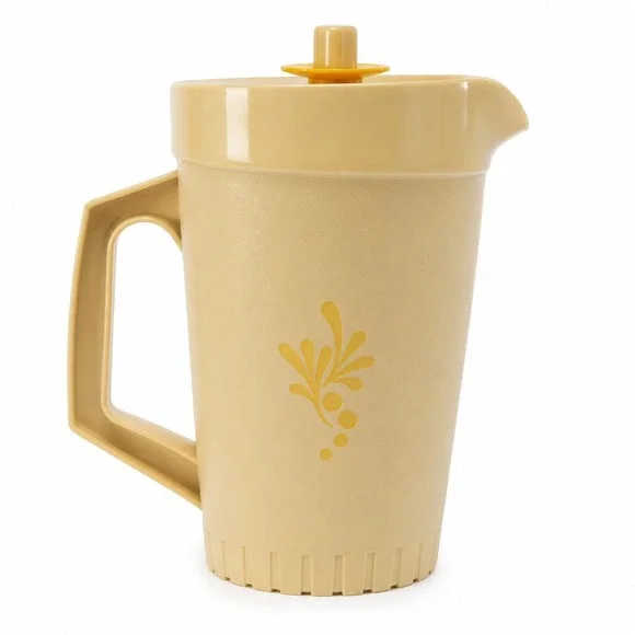VTG Tupperware 2qt Pitcher 874-7 Push Button Lid Floral Sunburst Almond Beige