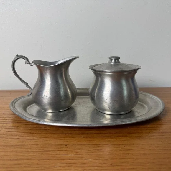 Web Pewter‎ Early American Creamer Sugar Bowl and Oval Tray Set 3 Piece Vintage