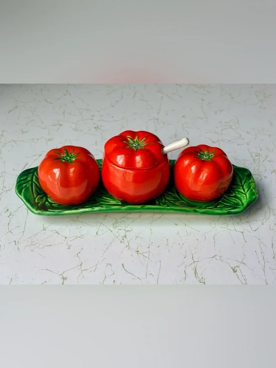 Vintage Porcelain Red Tomato Condiment Set Six Piece | Occupied Japan