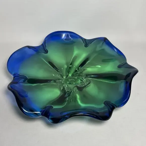 VTG Royal Gallery Cobalt Blue Green Art Glass Flower Platter Cake Rest Poland