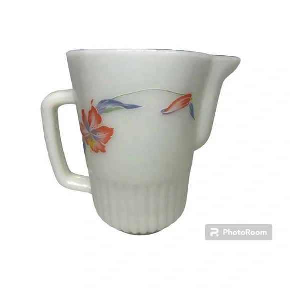 Neolex By Crystal Gold Rim Pitcher Oven Proof Opaque Milk Glass Floral Lily Vtg