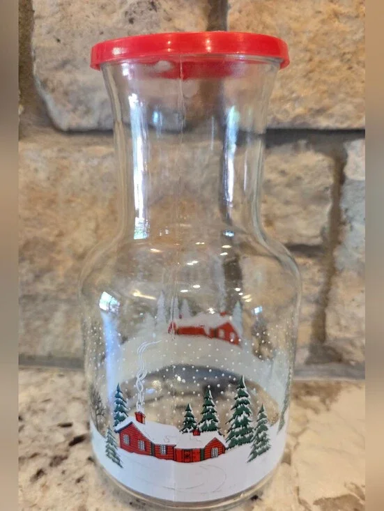 Vtg KIG Christmas Juice Carafe Pitcher Winter Wonderland Sleigh Cabin Red Lid