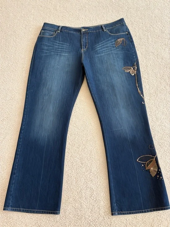 Coldwater Creek Blue Embroidered Flare Jeans with Butterfly Accents