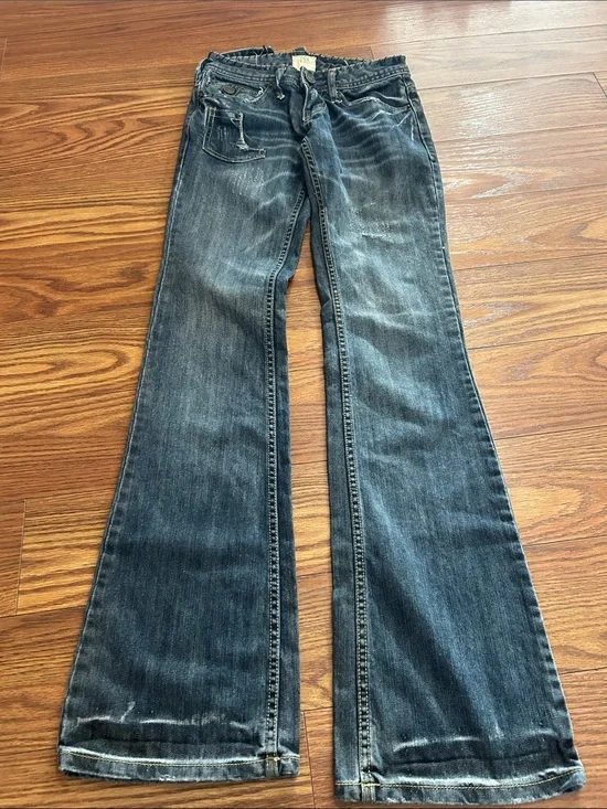 Y2K Vintage HTF Tea Jeans Ultra Low Rise Embroidered Dark Wash Bootcut Womens 25