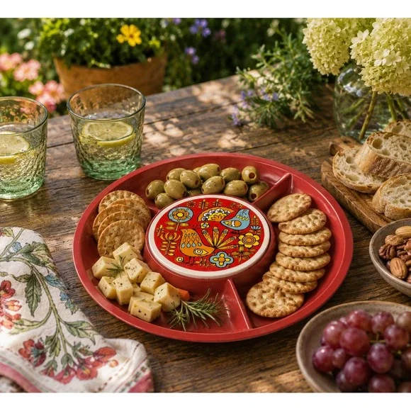 Vtg 1970s Red Melamine Divided Serving Tray Bird Floral Snack Relish Platter 13