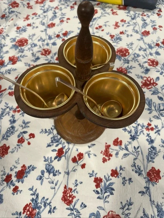 Vintage, Mid-Century Modern Wooden Condiment Holder with Gold Bowls & Ladles