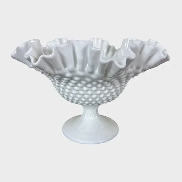 Vintage Fenton White Milk Glass Hobnail Footed Compote Bowl Ruffled Edge