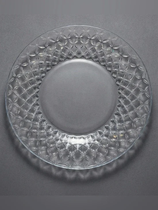 Vintage Italian Clear Pressed Glass Flat Platter Textured Geometric Petal Rim 13