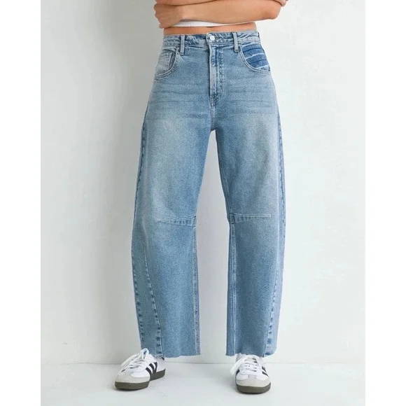 Just Black Denim Barrel Leg Raw Hem Jeans | Size 30