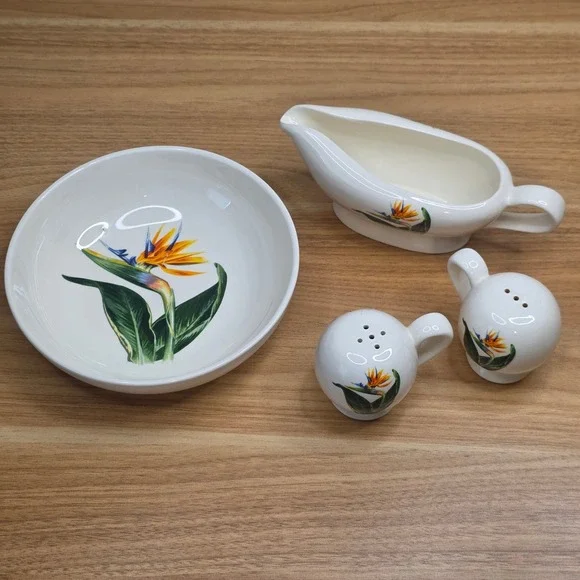 Santa Anita Ware Bird of Paradise Salt & Pepper Shakers-Creamer-Soup Bowl 1949